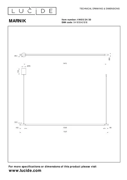 Lucide Premium MARNIK - Suspension - Ø 2,5 cm - LED Dim. - CCT - 1x22W 2700K/4000K - Détecteur à balayage manuel - Noir - technique